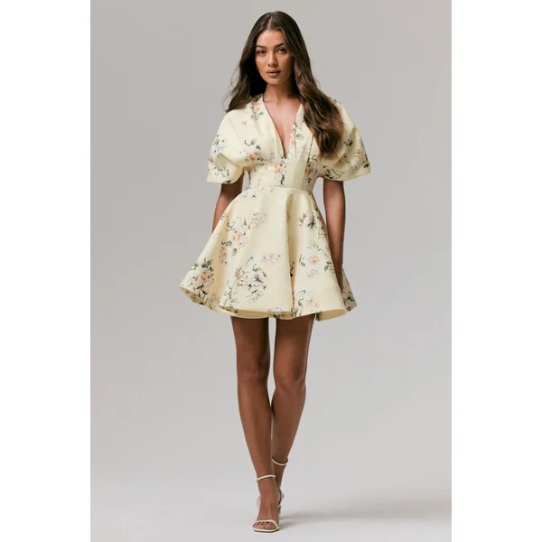 Delight | Mini-robe à décolleté plongeant et volants imprimé citron