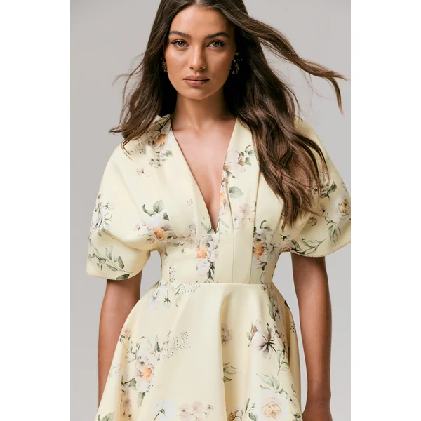 Delight | Mini-robe à décolleté plongeant et volants imprimé citron