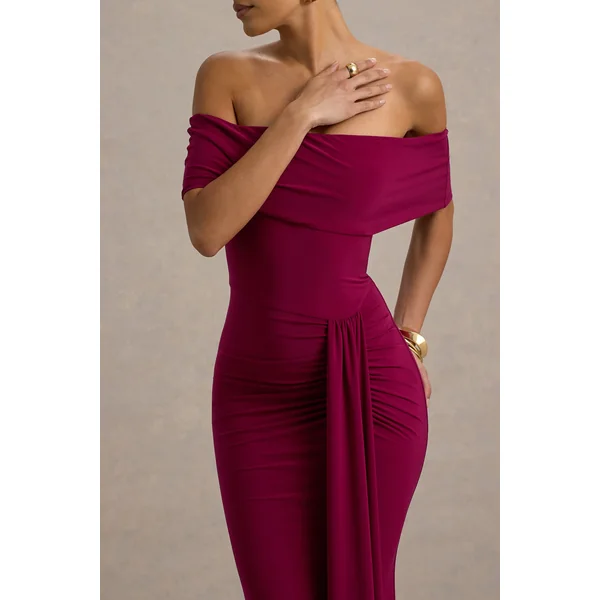 Delma | Robe longue rouge bordeaux à col Bardot et portefeuille