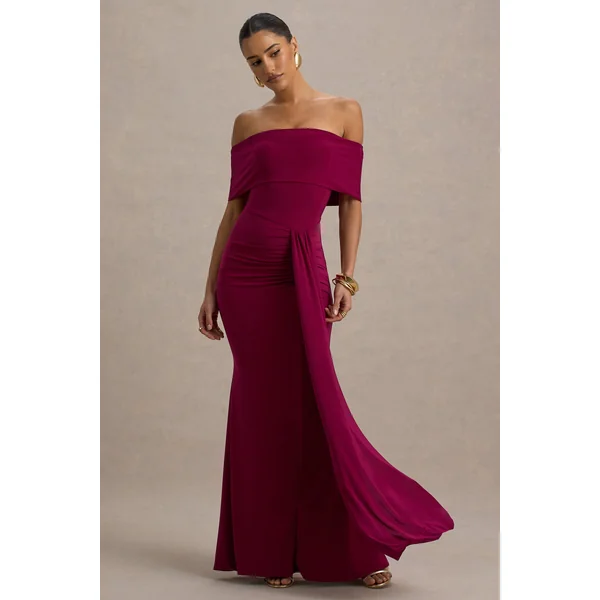 Delma | Robe longue rouge bordeaux à col Bardot et portefeuille