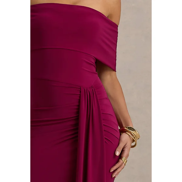 Delma | Robe longue rouge bordeaux à col Bardot et portefeuille