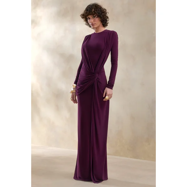 Desirelle | Robe longue prune à encolure ronde avec détails froncés