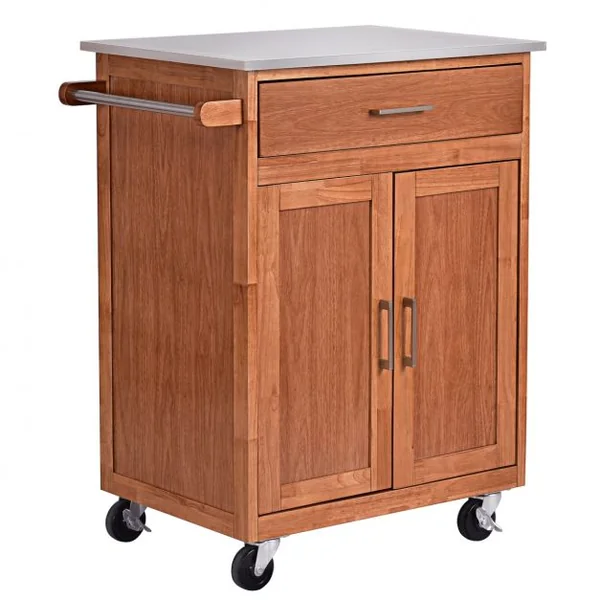 Desserte Chariot de Cuisine en Acier Inoxydable Tiroir Large 2 Portes Roues Universelles avec Frein Naturel