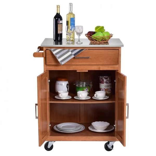 Desserte Chariot de Cuisine en Acier Inoxydable Tiroir Large 2 Portes Roues Universelles avec Frein Naturel