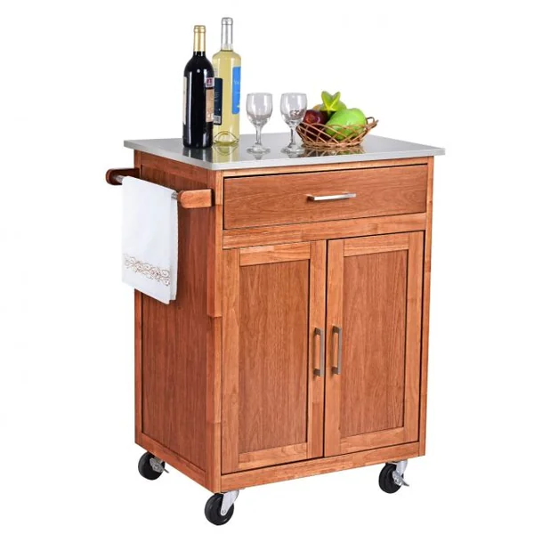 Desserte Chariot de Cuisine en Acier Inoxydable Tiroir Large 2 Portes Roues Universelles avec Frein Naturel