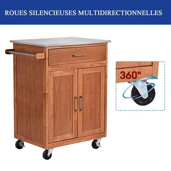 Desserte Chariot de Cuisine en Acier Inoxydable Tiroir Large 2 Portes Roues Universelles avec Frein Naturel