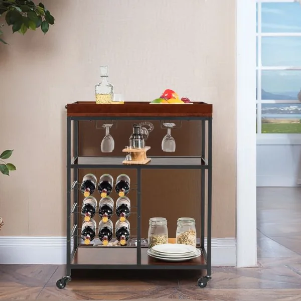 Desserte de Cuisine Multifonctionnelle Chariot de Service Roulant Industriel en Métal et Bois 71x45x93cm Brun Foncé
