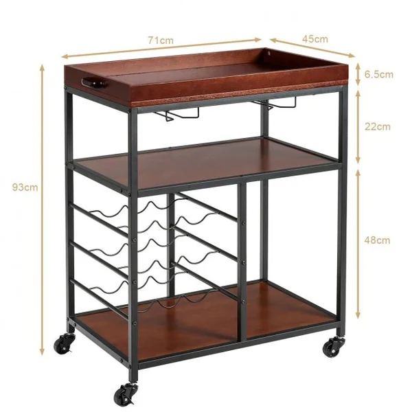 Desserte de Cuisine Multifonctionnelle Chariot de Service Roulant Industriel en Métal et Bois 71x45x93cm Brun Foncé
