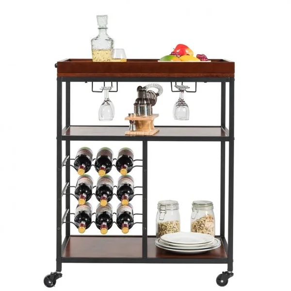 Desserte de Cuisine Multifonctionnelle Chariot de Service Roulant Industriel en Métal et Bois 71x45x93cm Brun Foncé
