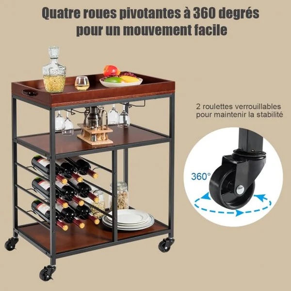 Desserte de Cuisine Multifonctionnelle Chariot de Service Roulant Industriel en Métal et Bois 71x45x93cm Brun Foncé
