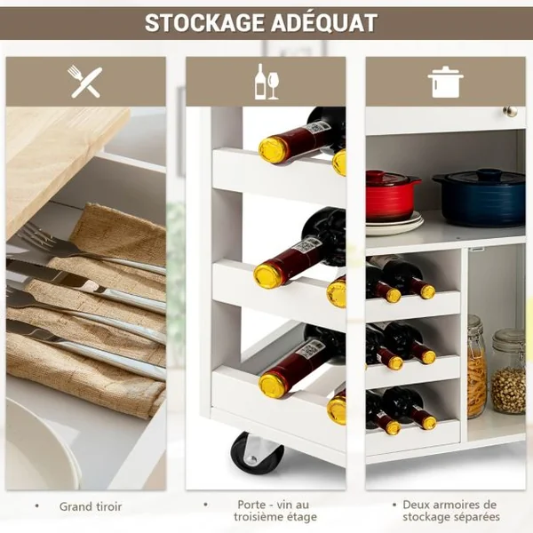 Desserte de Cuisine Roulante Chariot de Service avec 1 Tiroir 2 Armoires 1 Casier à Vin en Bois 67x37x865cm Blanc