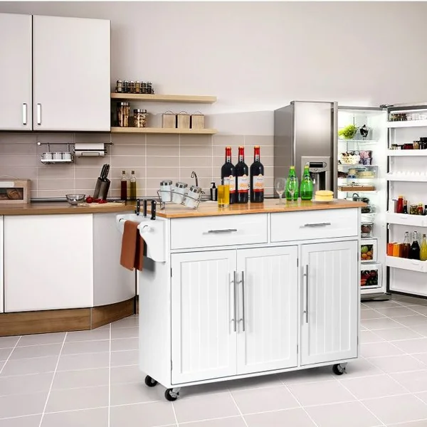 Desserte de Cuisine Roulante Chariot de Service avec 2 Tiroirs 3 Étagères Ajustables en Bois 122x46x923cm Blanc