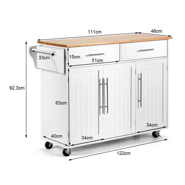 Desserte de Cuisine Roulante Chariot de Service avec 2 Tiroirs 3 Étagères Ajustables en Bois 122x46x923cm Blanc