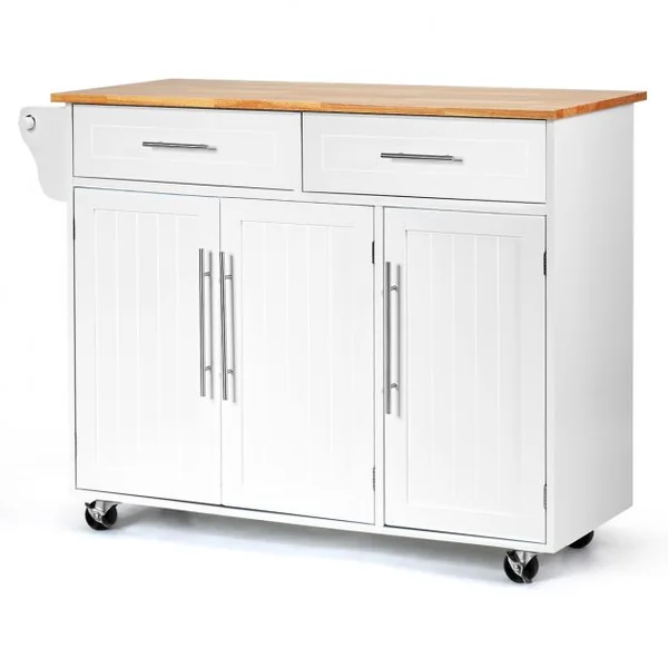 Desserte de Cuisine Roulante Chariot de Service avec 2 Tiroirs 3 Étagères Ajustables en Bois 122x46x923cm Blanc