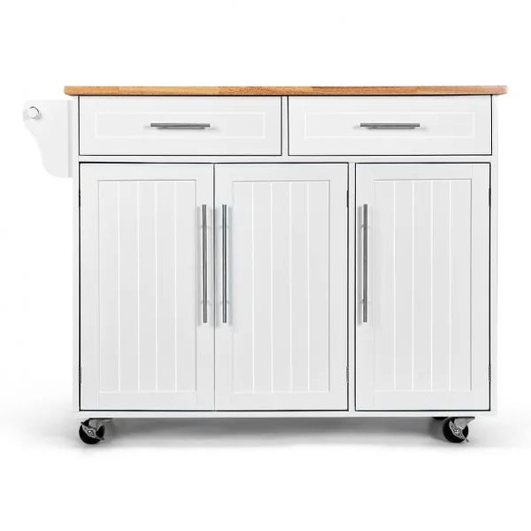 Desserte de Cuisine Roulante Chariot de Service avec 2 Tiroirs 3 Étagères Ajustables en Bois 122x46x923cm Blanc