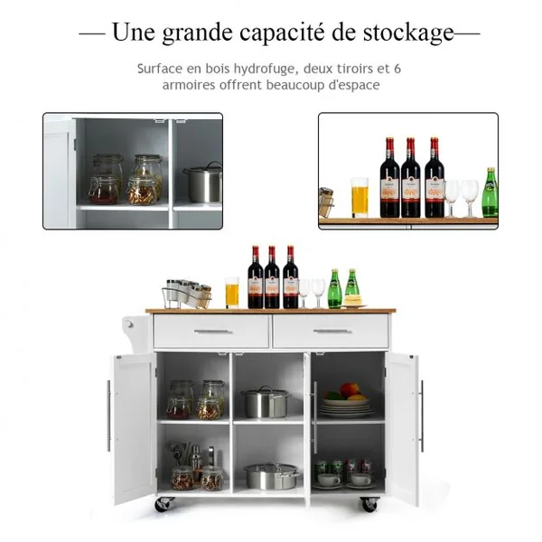 Desserte de Cuisine Roulante Chariot de Service avec 2 Tiroirs 3 Étagères Ajustables en Bois 122x46x923cm Blanc