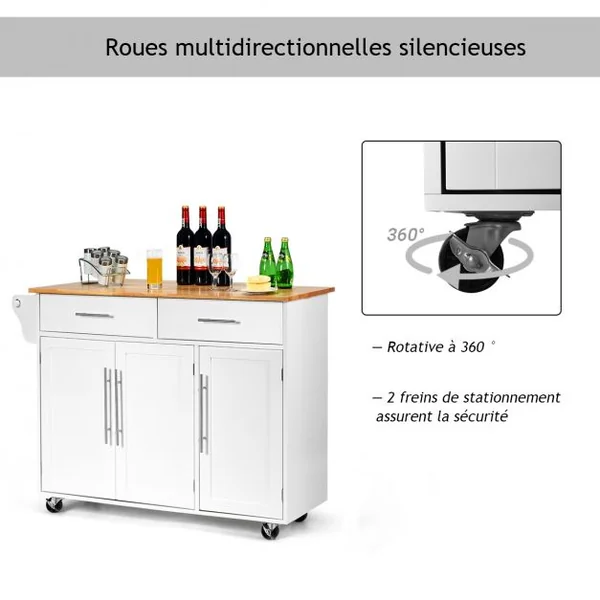 Desserte de Cuisine Roulante Chariot de Service avec 2 Tiroirs 3 Étagères Ajustables en Bois 122x46x923cm Blanc