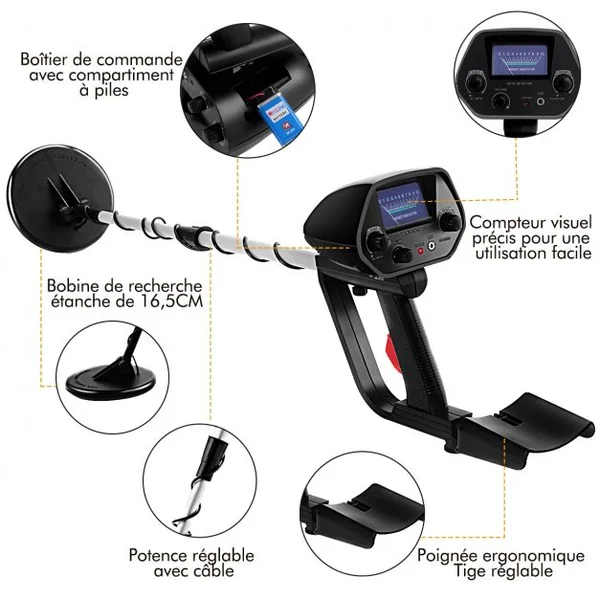 Detecteur de Metaux Sensible 2 Mode Localisateur et DISC avec Bobine Étanche Écran LCD Longueur et Volume Réglable