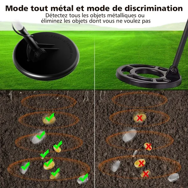 Detecteur de Metaux Sensible 2 Mode Localisateur et DISC avec Bobine Étanche Écran LCD Longueur et Volume Réglable