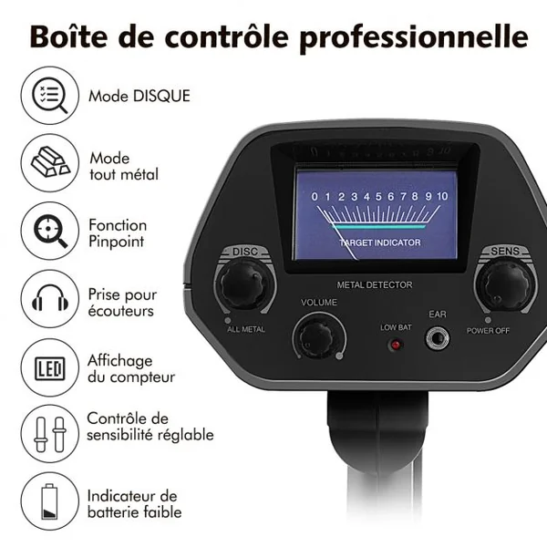 Detecteur de Metaux Sensible 2 Mode Localisateur et DISC avec Bobine Étanche Écran LCD Longueur et Volume Réglable