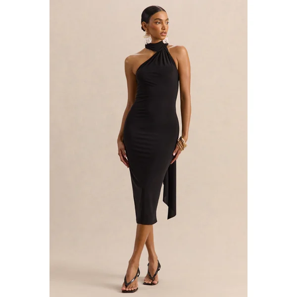 Devinae | Robe mi-longue noire à encolure asymétrique avec dos ouvert et détail d’écharpe
