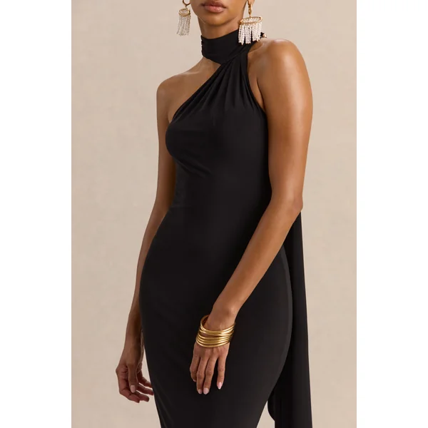 Devinae | Robe mi-longue noire à encolure asymétrique avec dos ouvert et détail d’écharpe