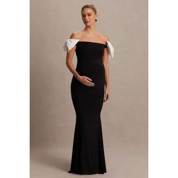 Didi | Robe longue de maternité noire et blanche à décolleté Bardot avec détail nœud