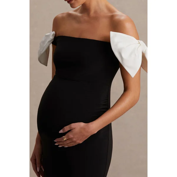 Didi | Robe longue de maternité noire et blanche à décolleté Bardot avec détail nœud