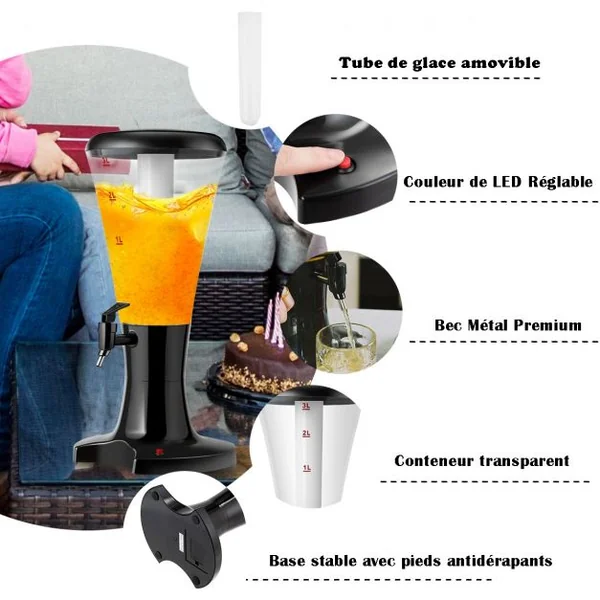 Distributeur de Bière avec Robinet et Colonne de Glaçon Girafe à Bière Tireuse à Bière Volume de 3 Litres en ABS Noir