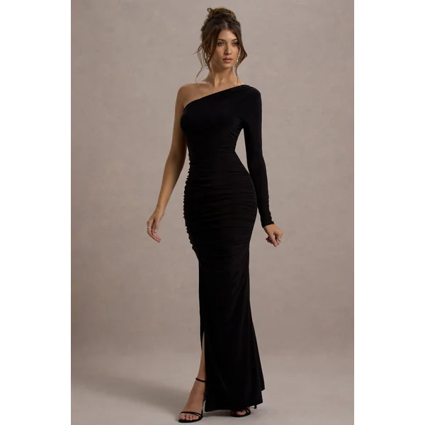 Doll | Robe longue asymétrique noire froncée à une manche