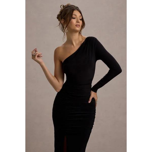 Doll | Robe longue asymétrique noire froncée à une manche