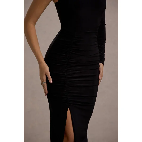 Doll | Robe longue asymétrique noire froncée à une manche