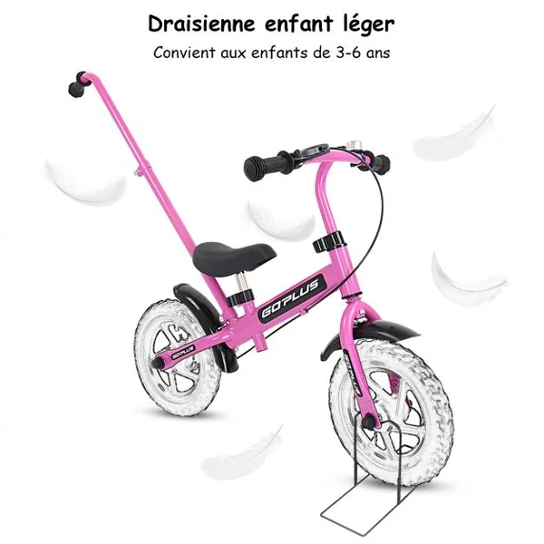 Draisienne Enfant 3-6 ans Vélo d’équilibre sans Pédales Hauteur Réglable Tige et Poignée Parentale, 87x44x58,5cm, Rose