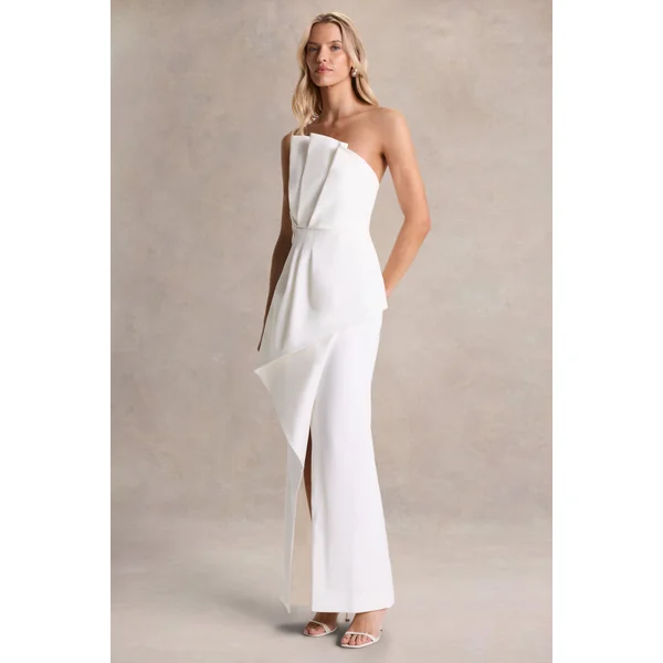Dreamy Whispers | Robe Longue Fendue à Volants Sans Bretelles Crème