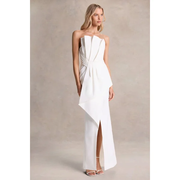 Dreamy Whispers | Robe Longue Fendue à Volants Sans Bretelles Crème