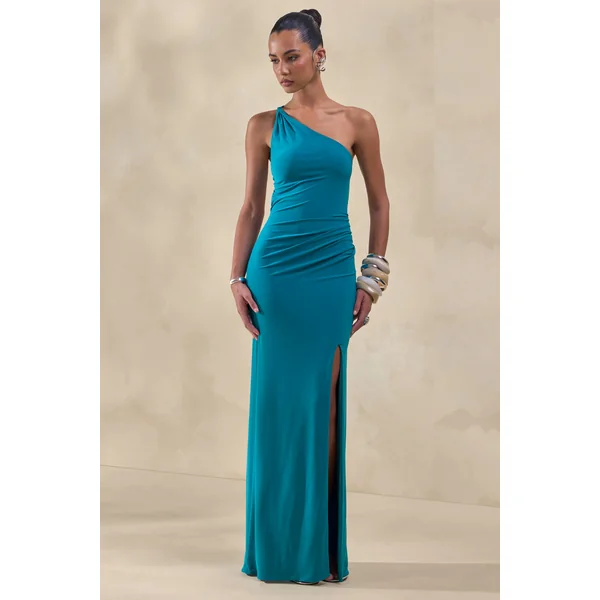 Dressing Up | Robe longue turquoise asymétrique à une épaule avec dos ouvert