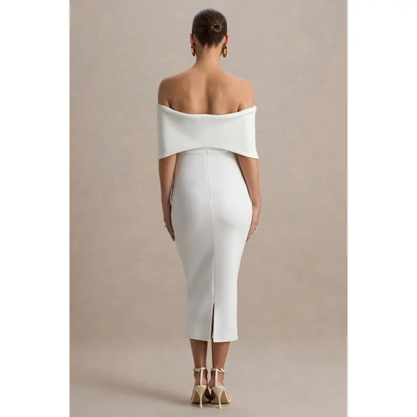 Droplet | Robe mi-longue de maternité blanche à nœud bardot