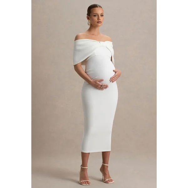 Droplet | Robe mi-longue de maternité blanche à nœud bardot