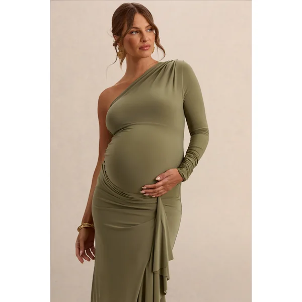 Drusilla | Robe longue de maternité olive à encolure asymétrique avec détails froncés