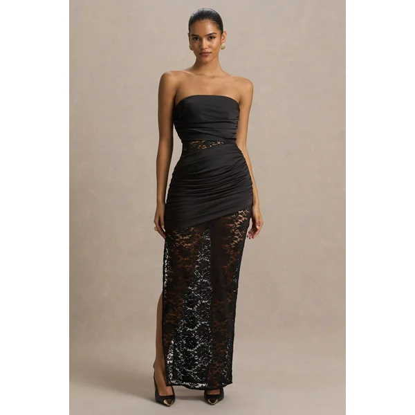 Dulcie | Robe mi-longue longue noire en dentelle et satin bustier avec détails drapés