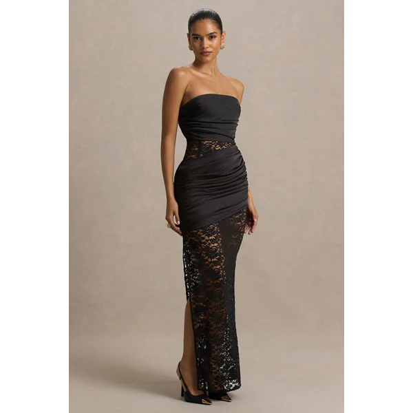 Dulcie | Robe mi-longue longue noire en dentelle et satin bustier avec détails drapés