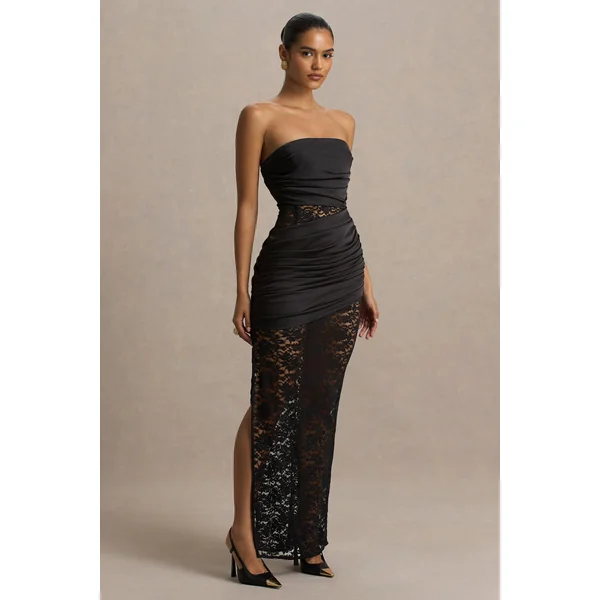 Dulcie | Robe mi-longue longue noire en dentelle et satin bustier avec détails drapés