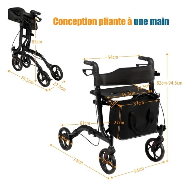 Déambulateur à 4 Roues Pliable avec Frein en Aluminium Hauteur Réglable 82-94,5cm Charge Max.135KG Noir