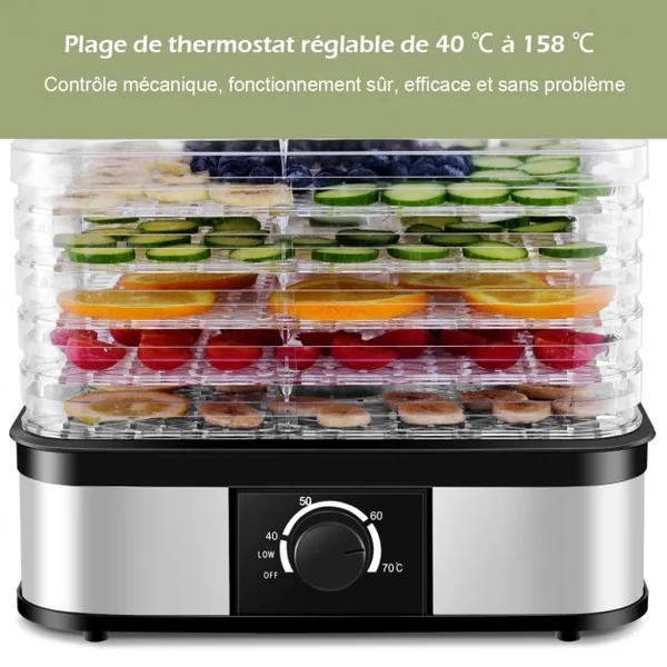 Déshydrateur Alimentaire 245W avec 5 Plateaux Transparents Empilables Température de 40°C à 70°C Sans BPA 32x24x22,5cm