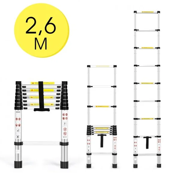 Echelle Télescopique 26m Capacité 150 Kg Intérieur Extérieur Hauteur Pliée 735 Cm Ouverte 260 Cm en Aluminium