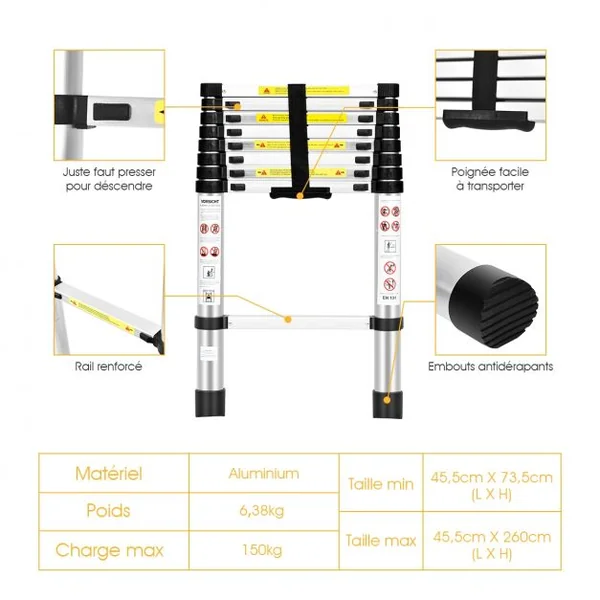 Echelle Télescopique 26m Capacité 150 Kg Intérieur Extérieur Hauteur Pliée 735 Cm Ouverte 260 Cm en Aluminium