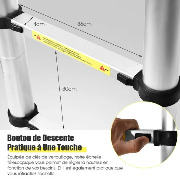 Echelle Télescopique 26m Capacité 150 Kg Intérieur Extérieur Hauteur Pliée 735 Cm Ouverte 260 Cm en Aluminium