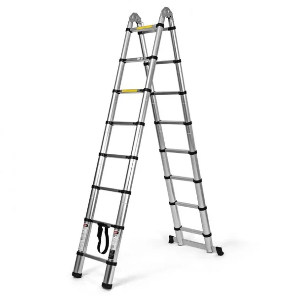 Echelle Télescopique 5 M avec 16 Marches Réglables de 90 à 500 Cm avec Barre Stabilisatrice Capacité 150 Kg en Aluminium