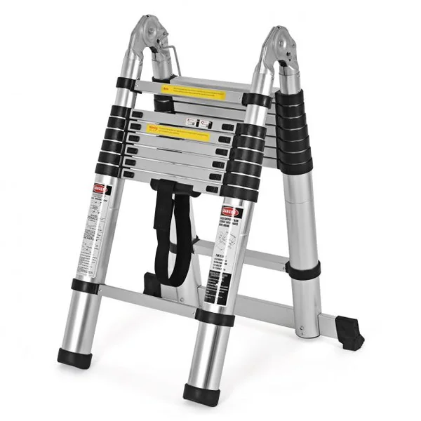 Echelle Télescopique 5 M avec 16 Marches Réglables de 90 à 500 Cm avec Barre Stabilisatrice Capacité 150 Kg en Aluminium