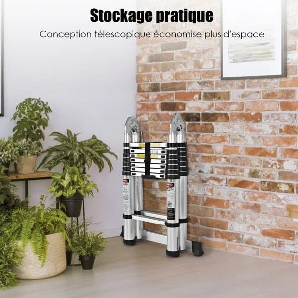 Echelle Télescopique 5 M avec 16 Marches Réglables de 90 à 500 Cm avec Barre Stabilisatrice Capacité 150 Kg en Aluminium